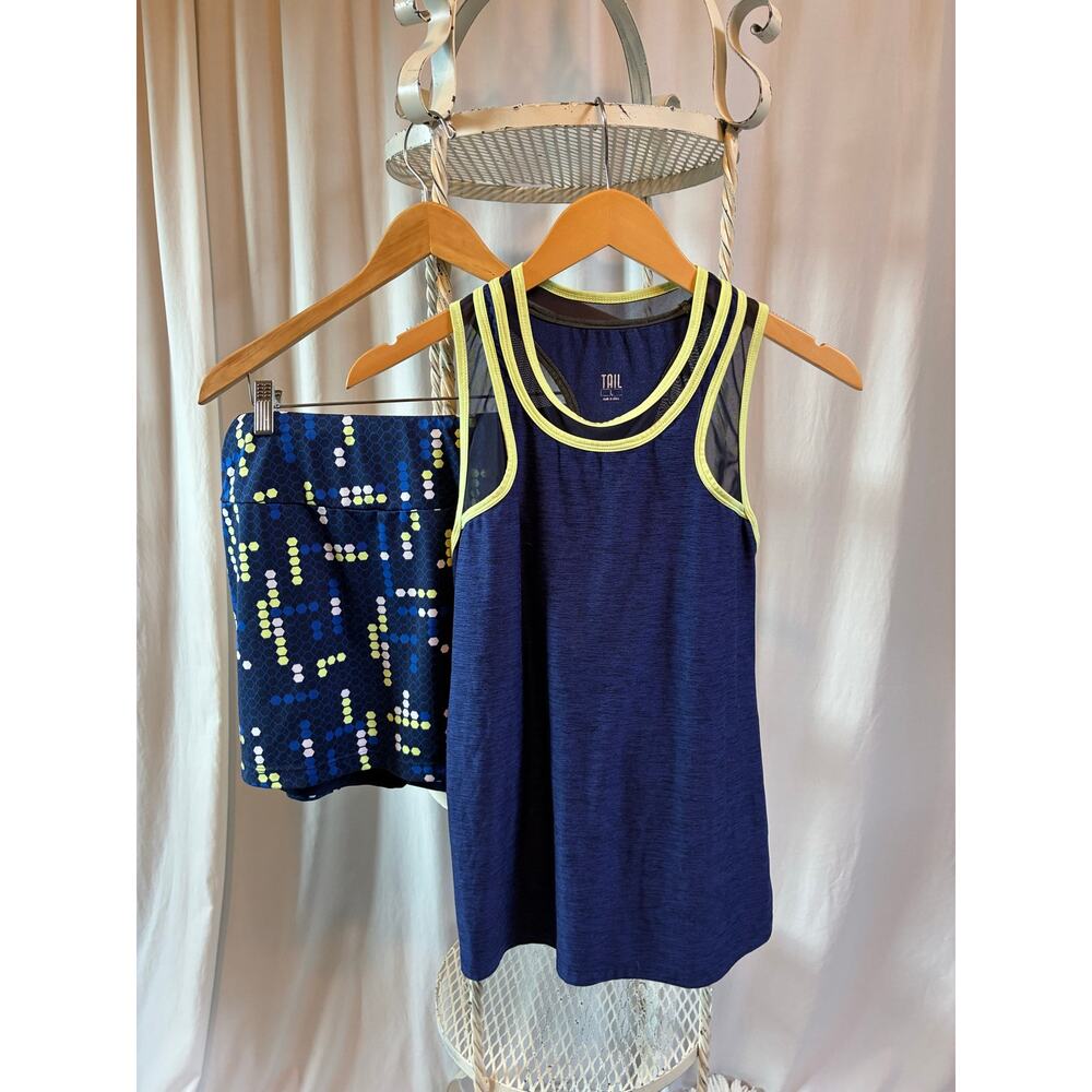 Tail Tank Top Skirt Set Blue Lime Green Geometric Print Skort Ball Pockets Large